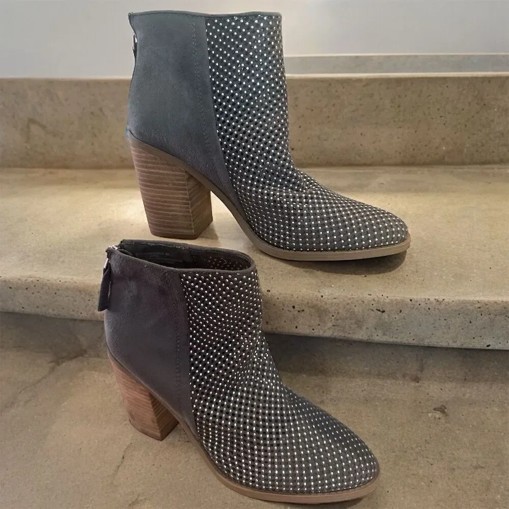 Madden Girl Sparkle Mocha Silver Ankle Booties Block Heel Back Zip Faux Suede